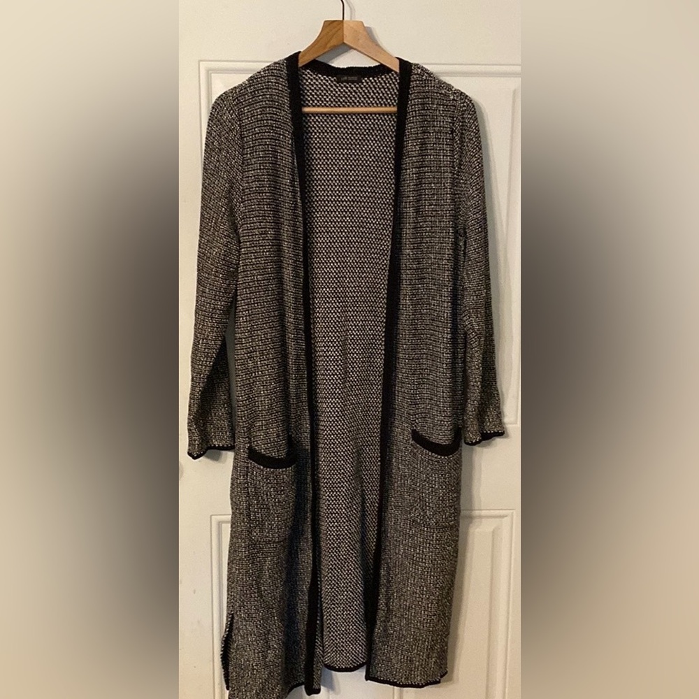 J. Jill Wearever Black and White Textured Tweed Duster Long Cardigan